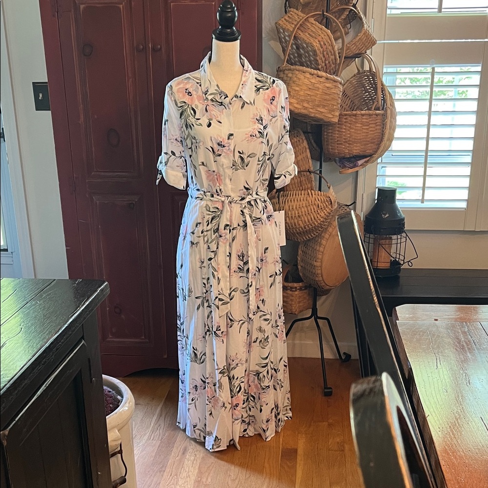 Calvin Klein Light Pink Floral Midi Shirt Dress with Tie Belt